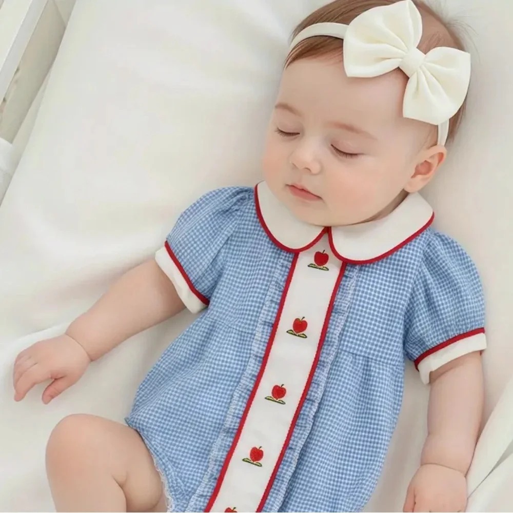 Blue Baby Romper with Apple Design 3-6 Months Vintage Peter Pan Collar